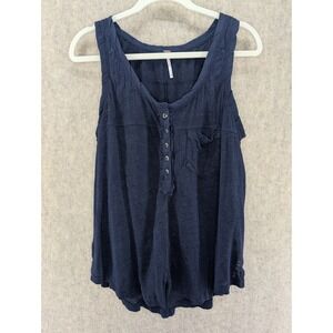 Free People Womens XS Navy Blue Henley Tank Top Pocket Slub Knit Sleeveless Tee